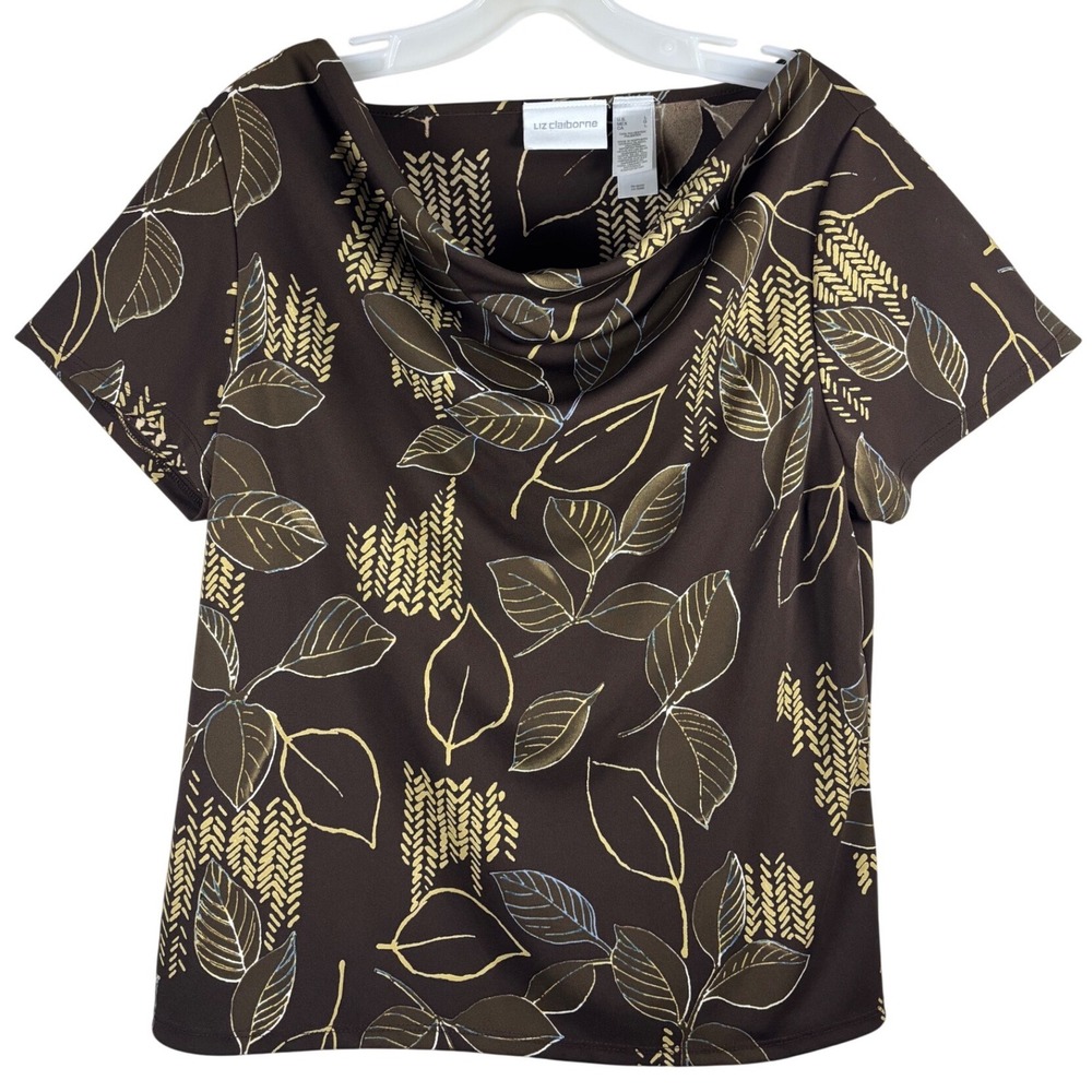 Liz Claiborne Womens Brown Leaf Print Cowl Neck Short Sleeve Blouse Top Large L